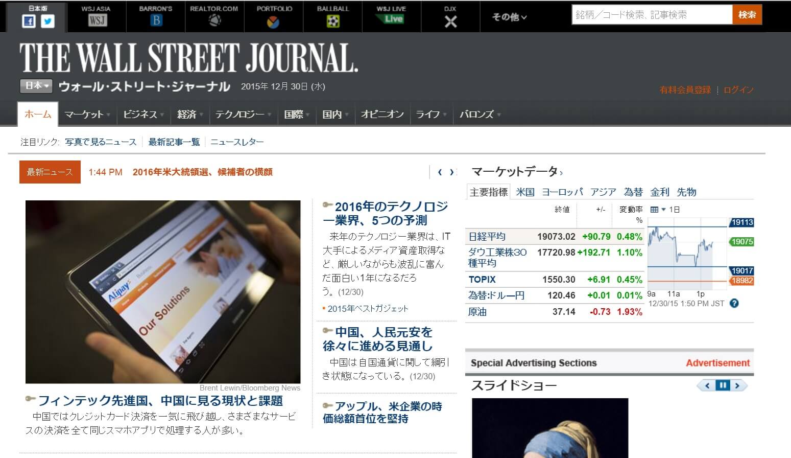WSJ(ウォールストリートジャーナル)トップ画像