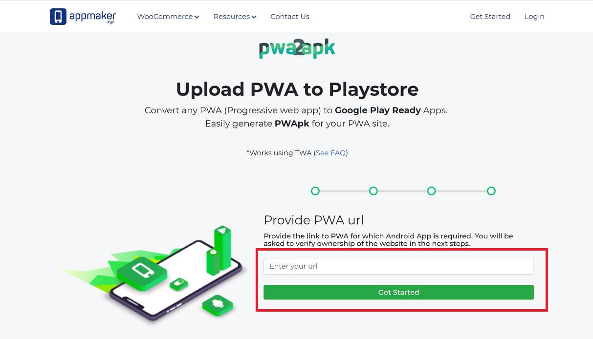ウェブサービス「Appmaker.xyz」のPWA2APKにてTWA用にjsonファイルとAPKファイルを作るトップ画面画像